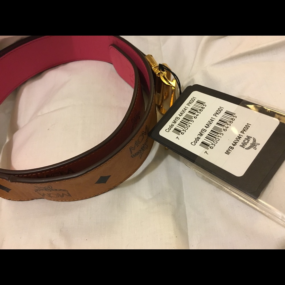 MCM Flat M Reversible Belt, Cognac/Pink